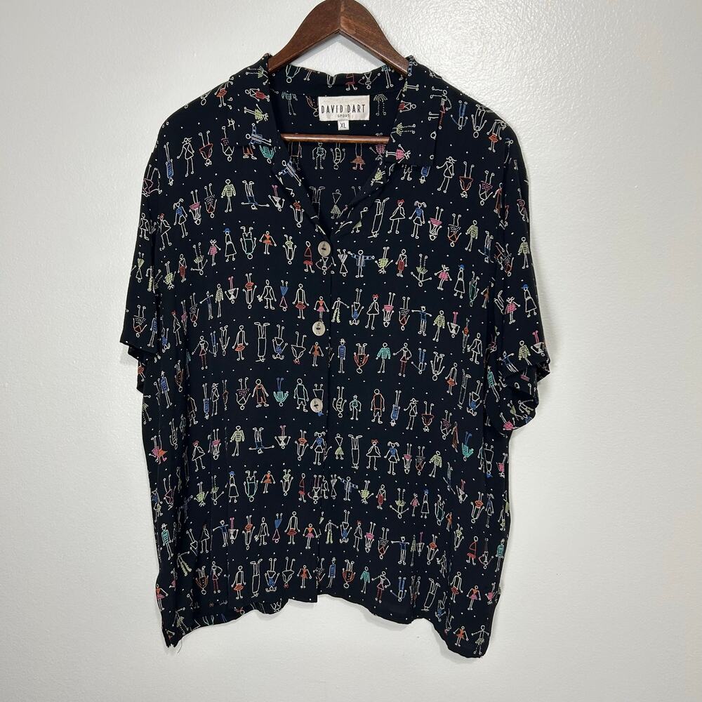 Vintage David Dart Sport Doodle Graphic Button Up XL Mens FLAWS Stick People